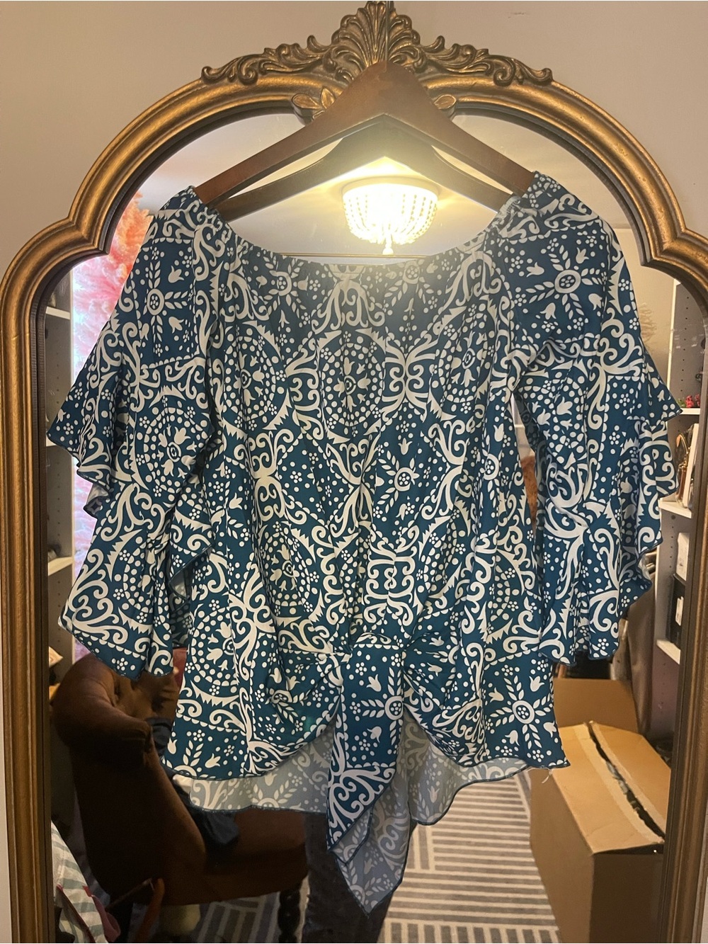 Teal Blue Printed Flutter-Sleeve Blouse